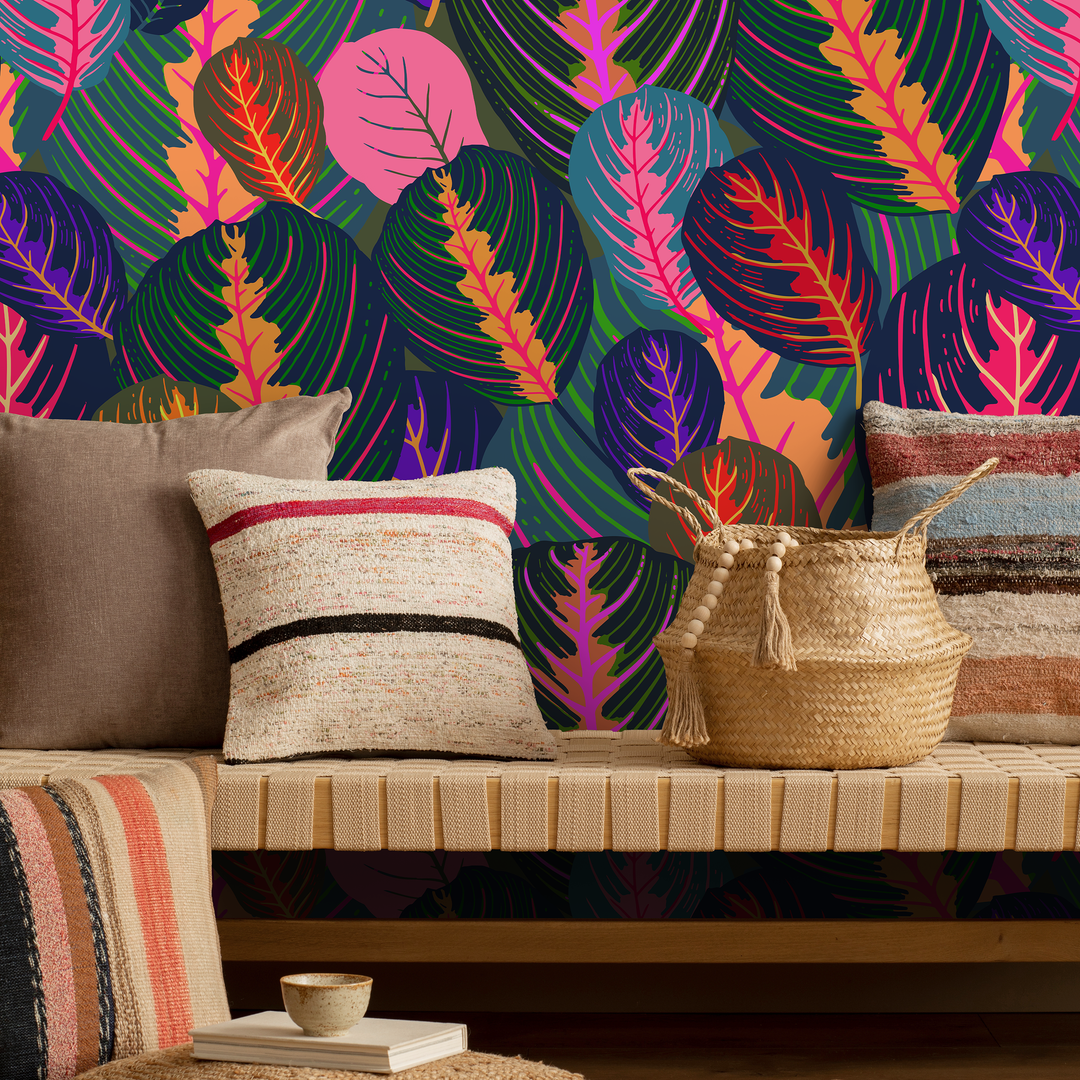 Botanical Wallpaper with Stylized Tropical Leaves in Pink, Purple, and Orange - A952