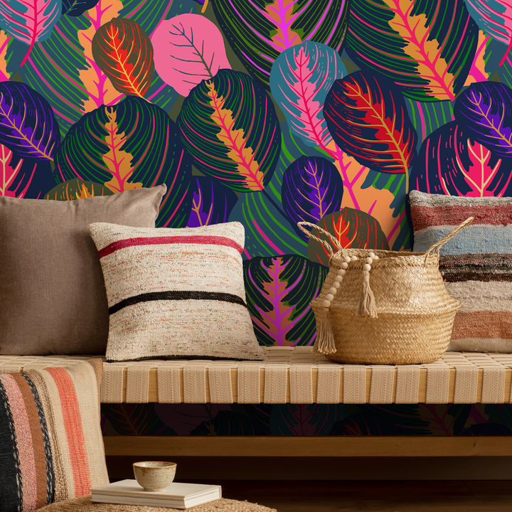 Botanical Wallpaper with Stylized Tropical Leaves in Pink, Purple, and Orange - A952