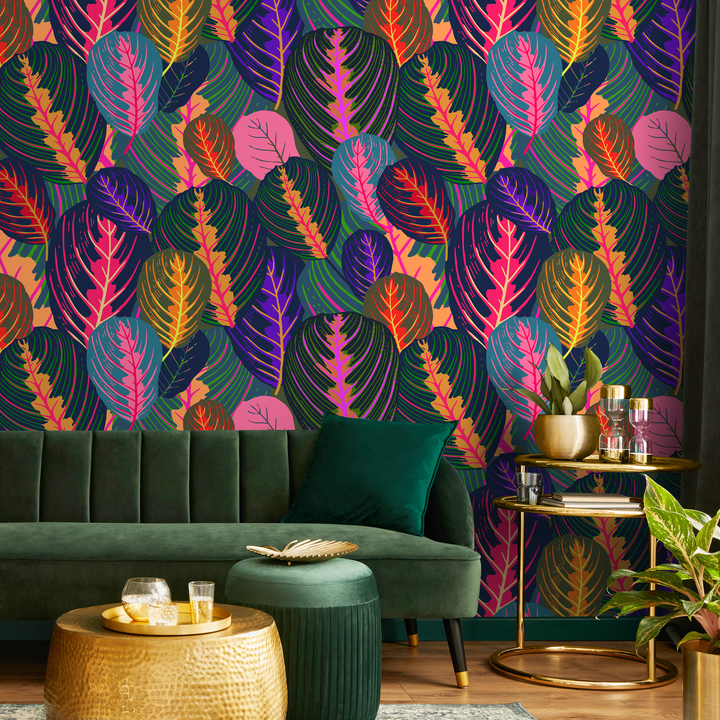 Botanical Wallpaper with Stylized Tropical Leaves in Pink, Purple, and Orange - A952
