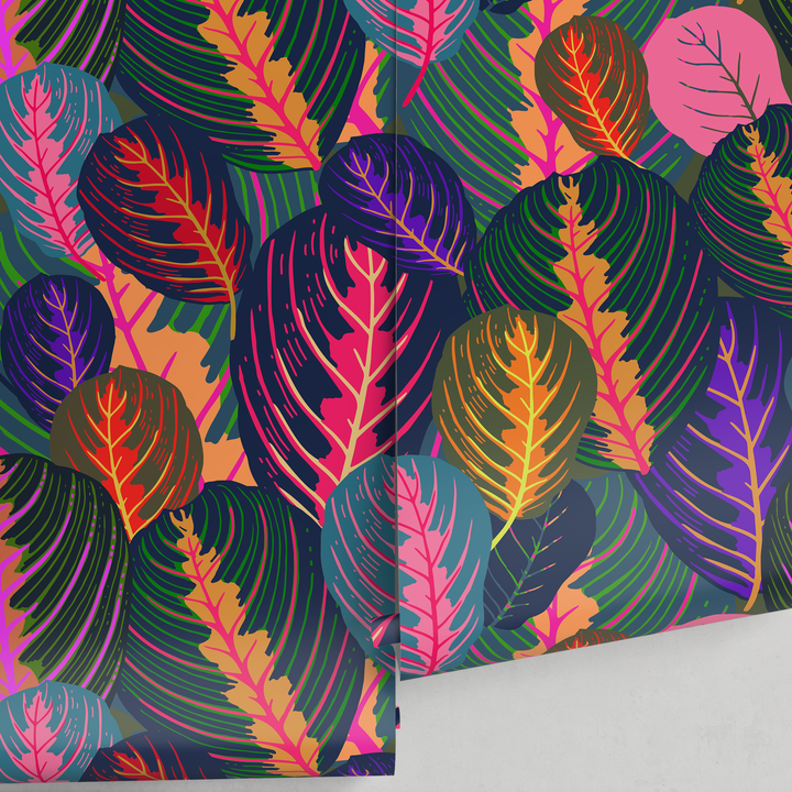 Botanical Wallpaper with Stylized Tropical Leaves in Pink, Purple, and Orange - A952