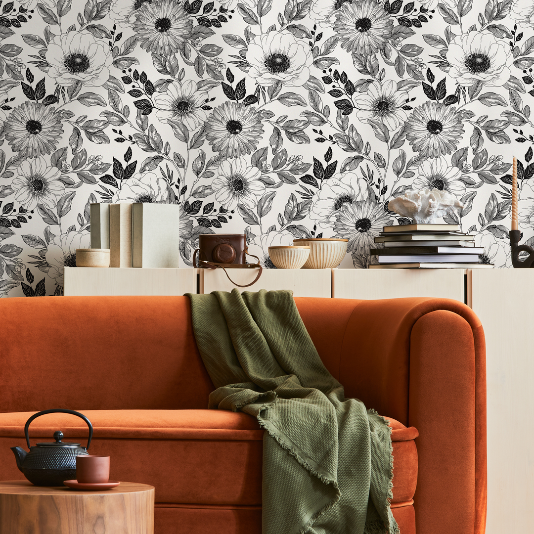 Floral Wallpaper with an Illustrative Anemone Motif in Black and White - B011