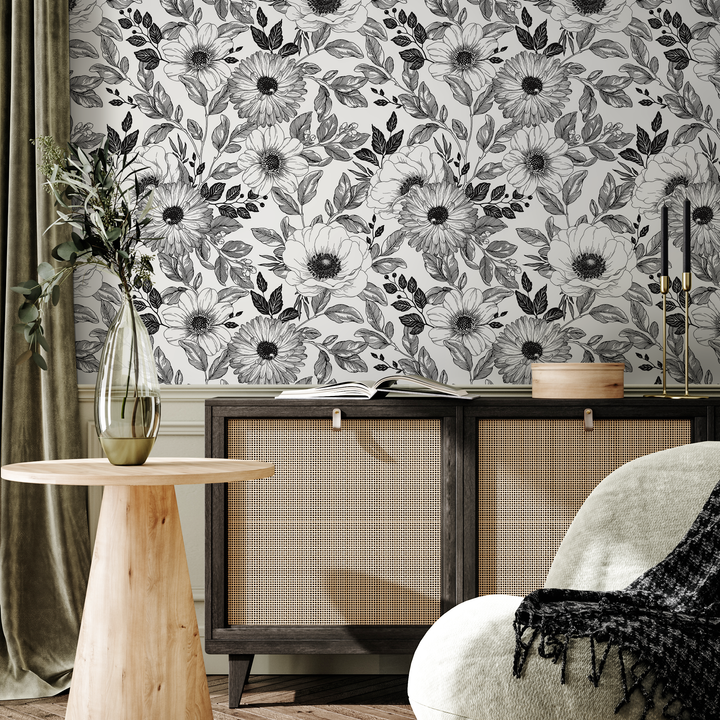 Floral Wallpaper with an Illustrative Anemone Motif in Black and White - B011
