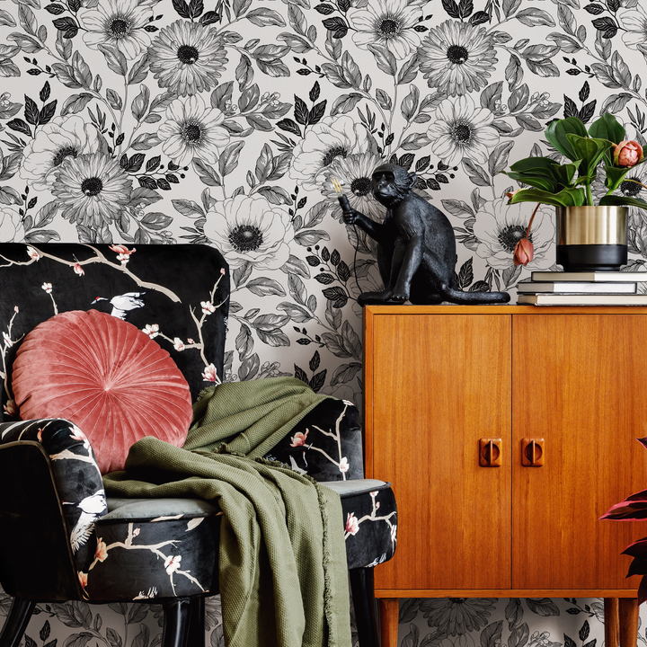 Floral Wallpaper with an Illustrative Anemone Motif in Black and White - B011
