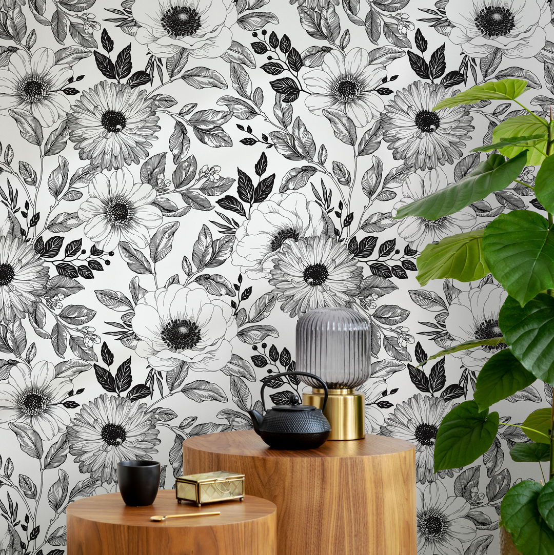 Floral Wallpaper with an Illustrative Anemone Motif in Black and White - B011