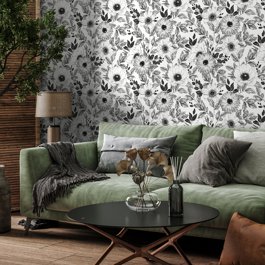 Floral Wallpaper with an Illustrative Anemone Motif in Black and White - B011