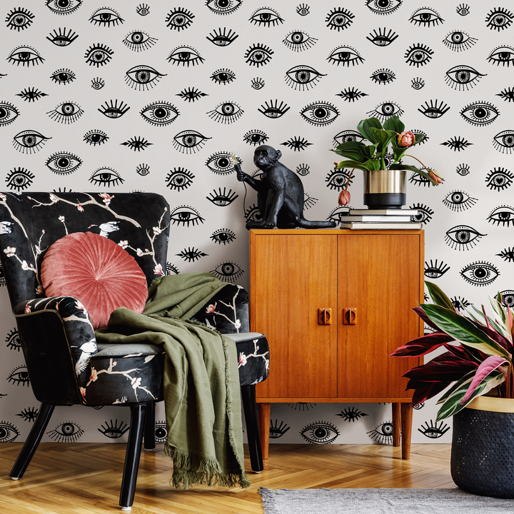 Abstract Wallpaper Featuring Stylized Eyes in Black and White - B027