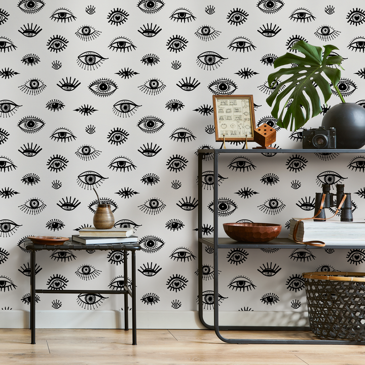 Abstract Wallpaper Featuring Stylized Eyes in Black and White - B027