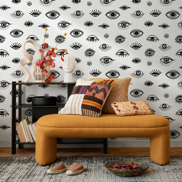 Abstract Wallpaper Featuring Stylized Eyes in Black and White - B027