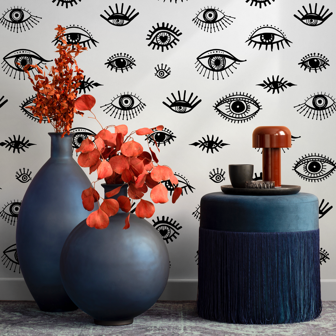 Abstract Wallpaper Featuring Stylized Eyes in Black and White - B027