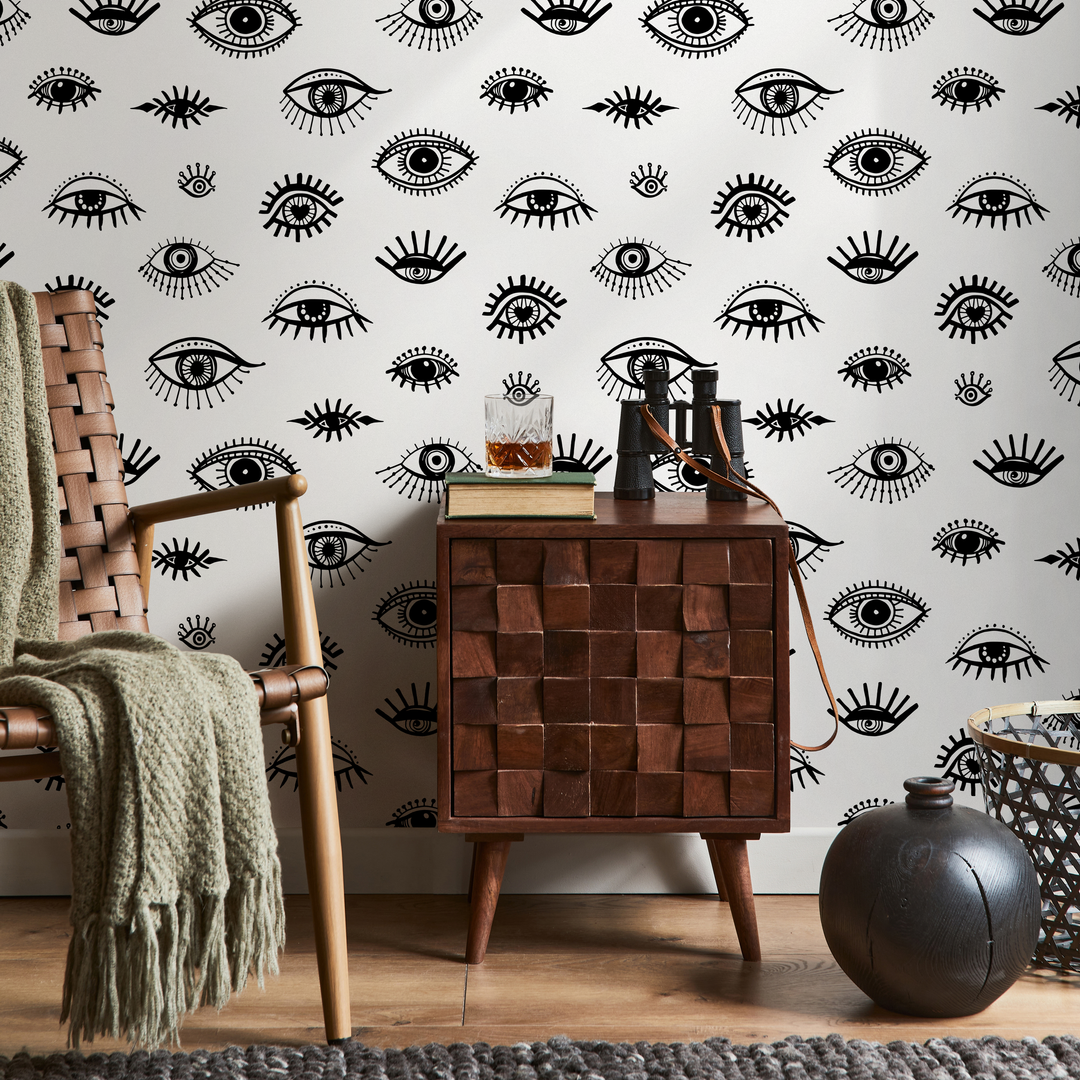 Abstract Wallpaper Featuring Stylized Eyes in Black and White - B027