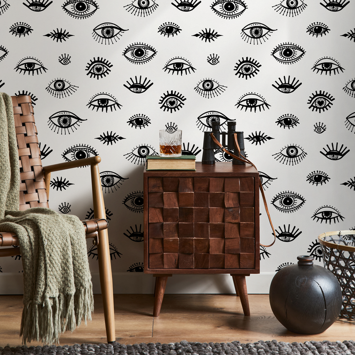 Abstract Wallpaper Featuring Stylized Eyes in Black and White - B027