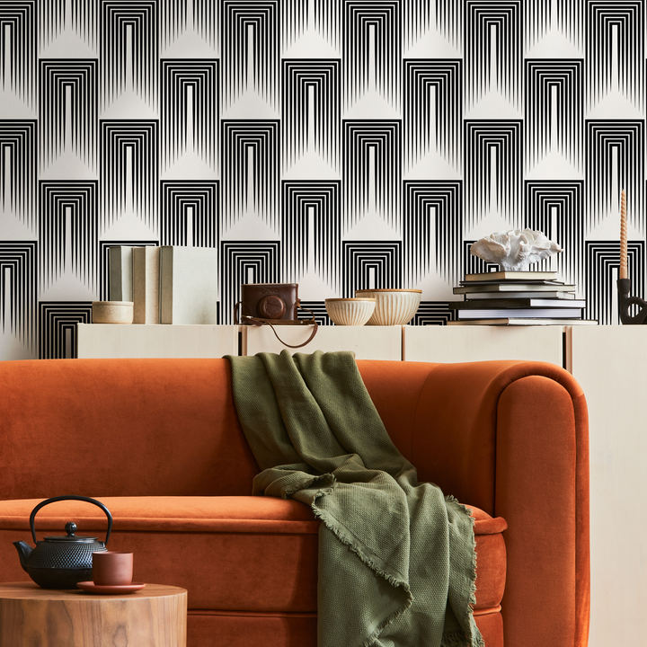 Art Deco Wallpaper with a Linear Arch Motif in Black and White - B079
