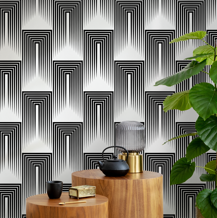 Art Deco Wallpaper with a Linear Arch Motif in Black and White - B079
