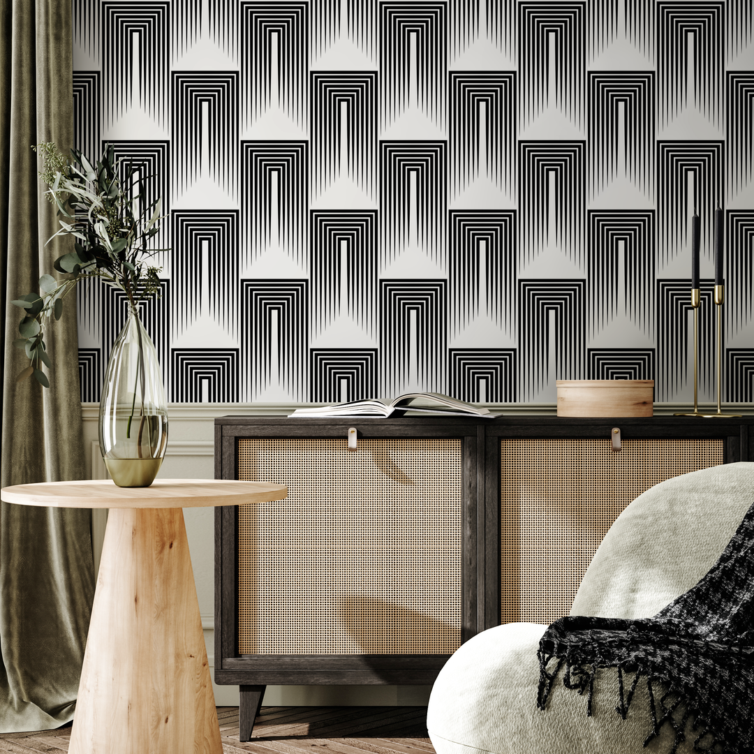 Art Deco Wallpaper with a Linear Arch Motif in Black and White - B079