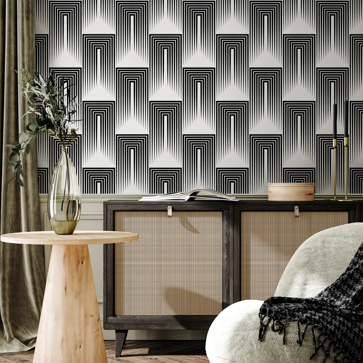 Art Deco Wallpaper with a Linear Arch Motif in Black and White - B079