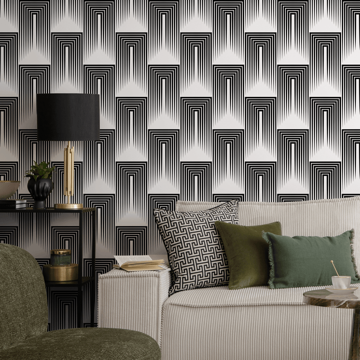 Art Deco Wallpaper with a Linear Arch Motif in Black and White - B079