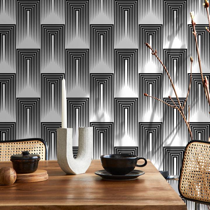 Art Deco Wallpaper with a Linear Arch Motif in Black and White - B079
