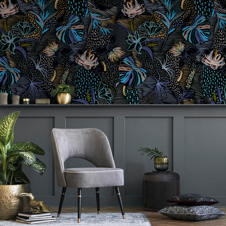 Abstract Wallpaper with Stylized Tropical Florals in Blue, Gold, and Pink - B096