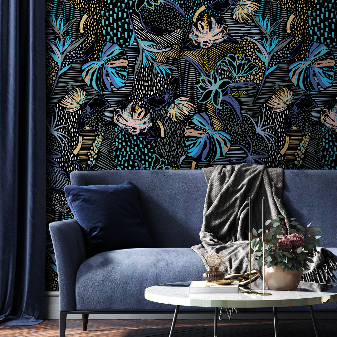 Abstract Wallpaper with Stylized Tropical Florals in Blue, Gold, and Pink - B096