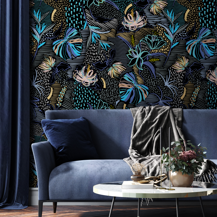Abstract Wallpaper with Stylized Tropical Florals in Blue, Gold, and Pink - B096