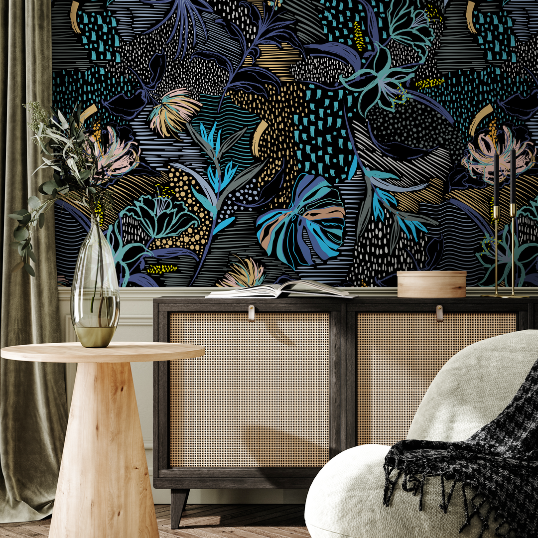 Abstract Wallpaper with Stylized Tropical Florals in Blue, Gold, and Pink - B096
