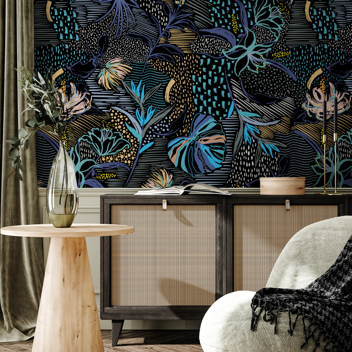Abstract Wallpaper with Stylized Tropical Florals in Blue, Gold, and Pink - B096