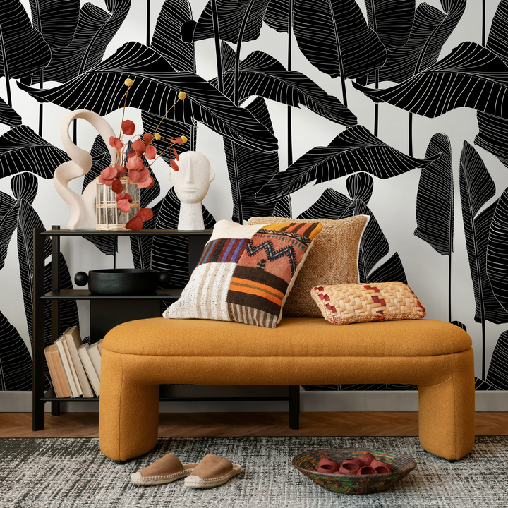 Botanical Wallpaper Featuring Bold Banana Leaves in Black and White - B097