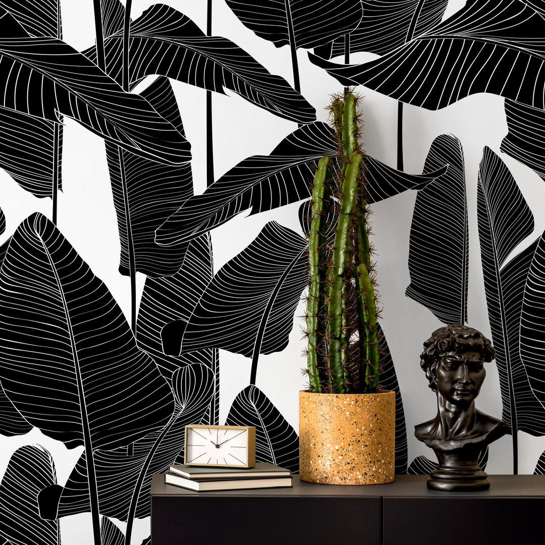 Botanical Wallpaper Featuring Bold Banana Leaves in Black and White - B097