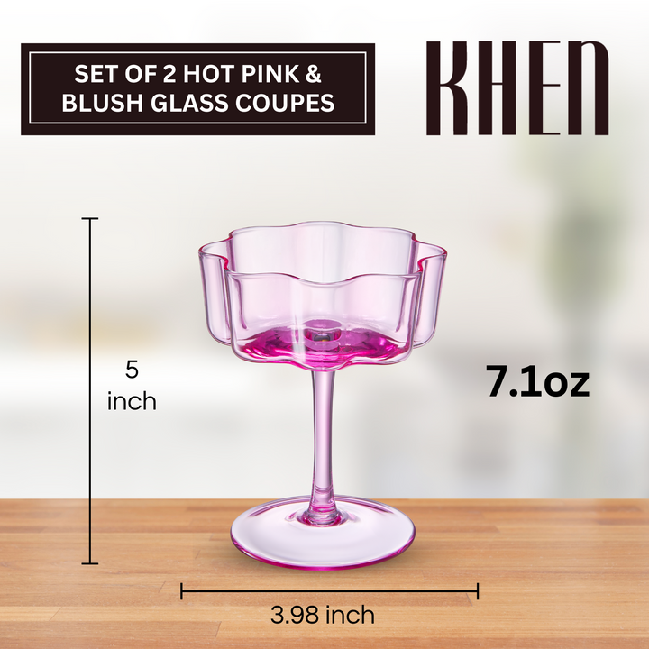 Flower Wave Coupe Cocktail Colored Glasses | Set of 2 | Hot Pink & Blush