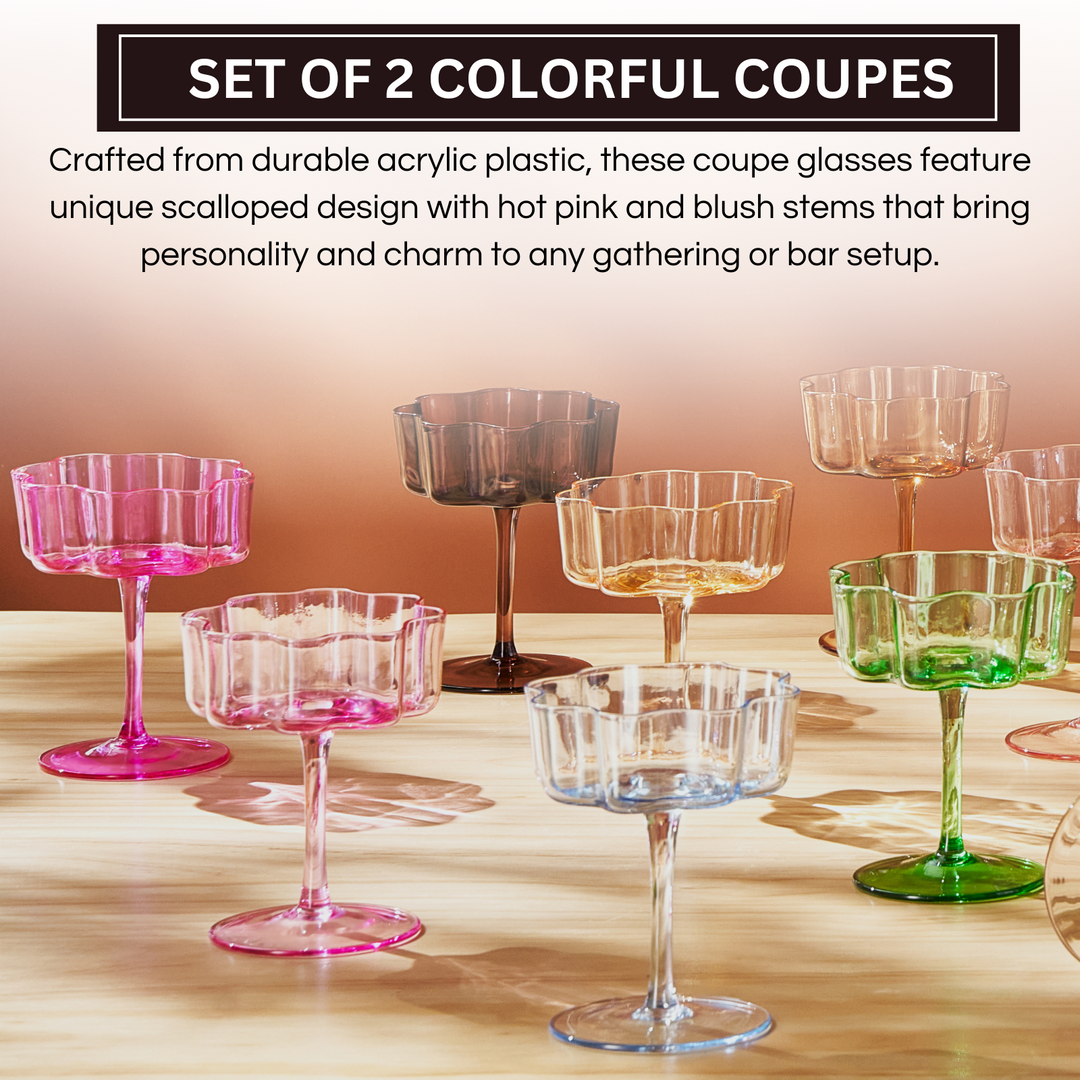Flower Wave Coupe Cocktail Colored Glasses | Set of 2 | Hot Pink & Blush