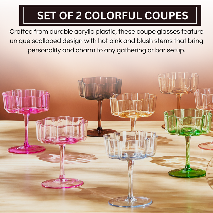 Flower Wave Coupe Cocktail Colored Glasses | Set of 2 | Hot Pink & Blush