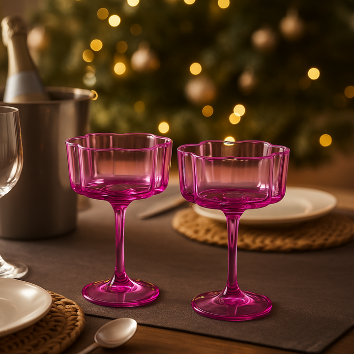 Flower Wave Coupe Cocktail Colored Glasses | Set of 2 | Hot Pink & Blush