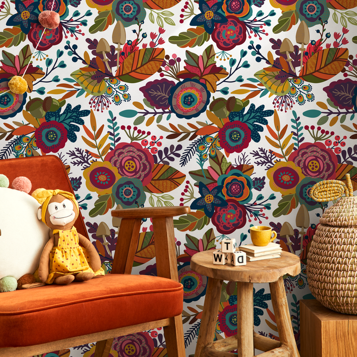 Floral Wallpaper with a Folk Art Motif in Red, Teal, and Yellow - B397