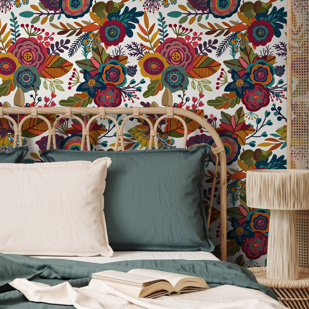 Floral Wallpaper with a Folk Art Motif in Red, Teal, and Yellow - B397