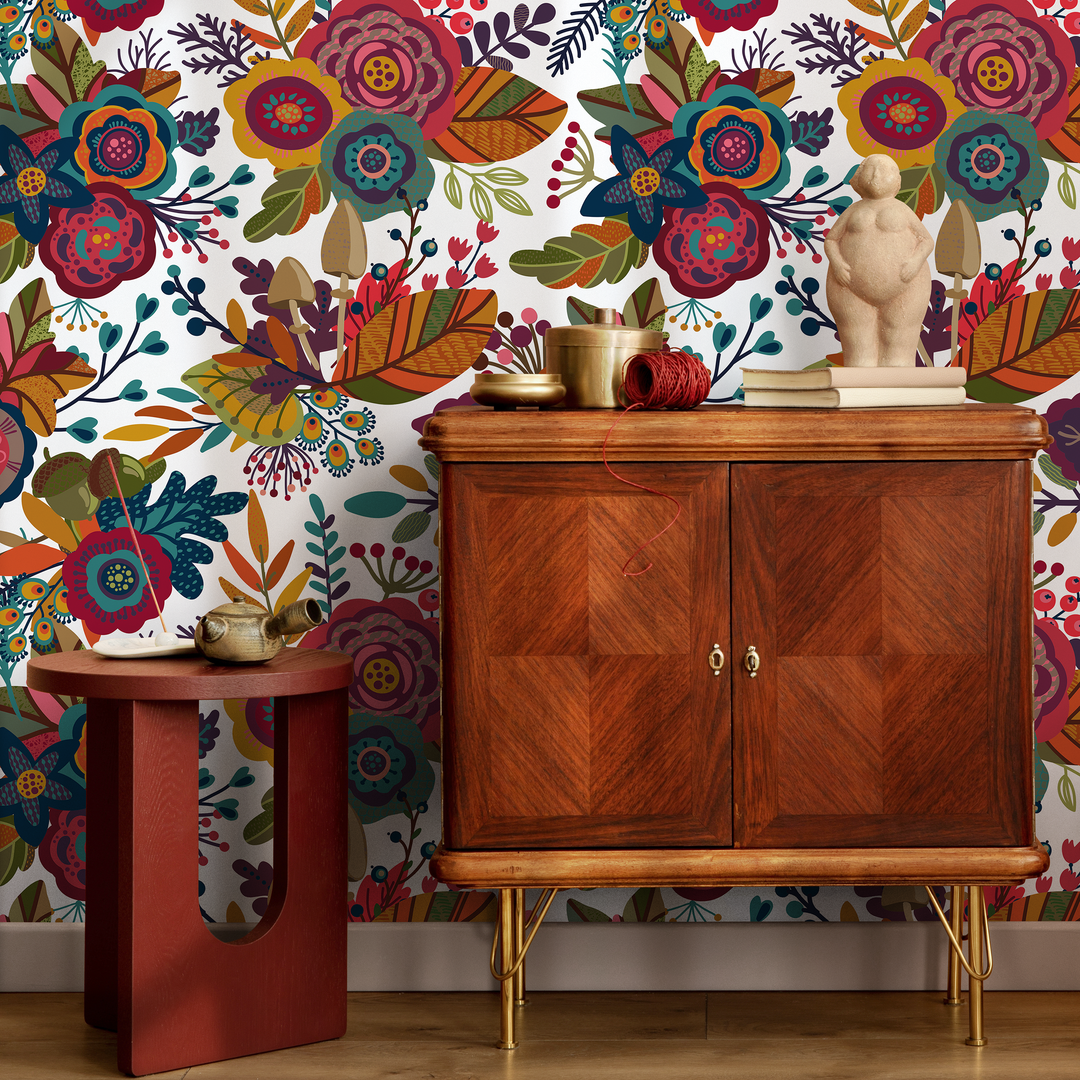 Floral Wallpaper with a Folk Art Motif in Red, Teal, and Yellow - B397