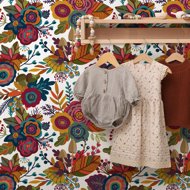 Floral Wallpaper with a Folk Art Motif in Red, Teal, and Yellow - B397