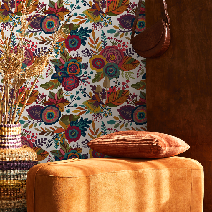 Floral Wallpaper with a Folk Art Motif in Red, Teal, and Yellow - B397