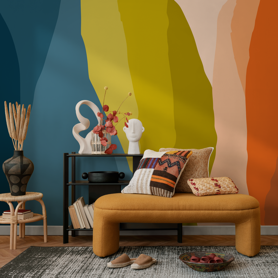 Abstract Wallpaper with Layered Organic Shapes in Teal, Green, and Orange - B541