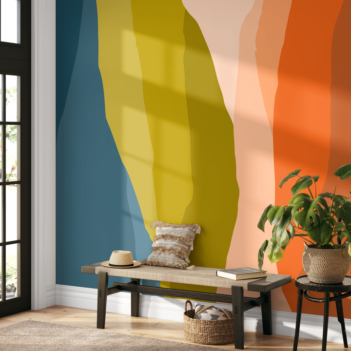 Abstract Wallpaper with Layered Organic Shapes in Teal, Green, and Orange - B541