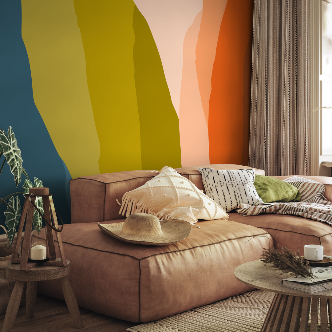 Abstract Wallpaper with Layered Organic Shapes in Teal, Green, and Orange - B541