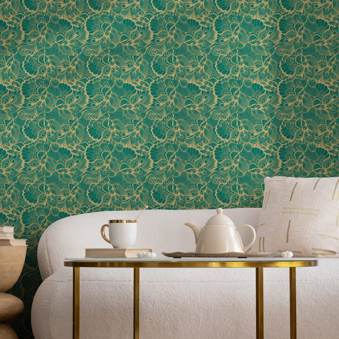 Abstract Wallpaper with Swirling Botanicals in Green and Gold - B561