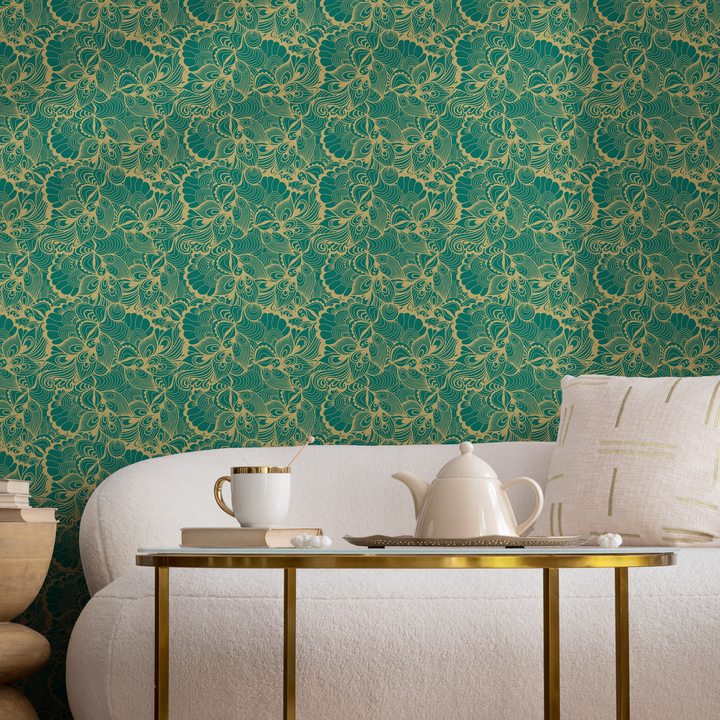 Abstract Wallpaper with Swirling Botanicals in Green and Gold - B561