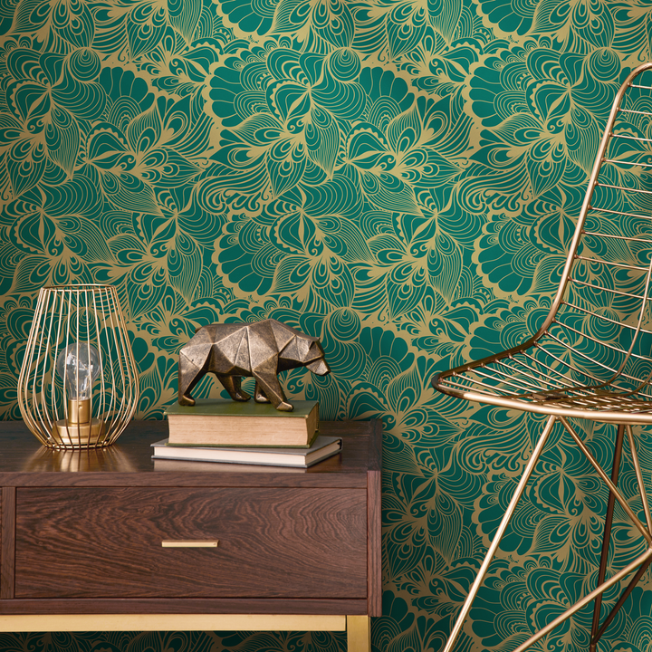 Abstract Wallpaper with Swirling Botanicals in Green and Gold - B561
