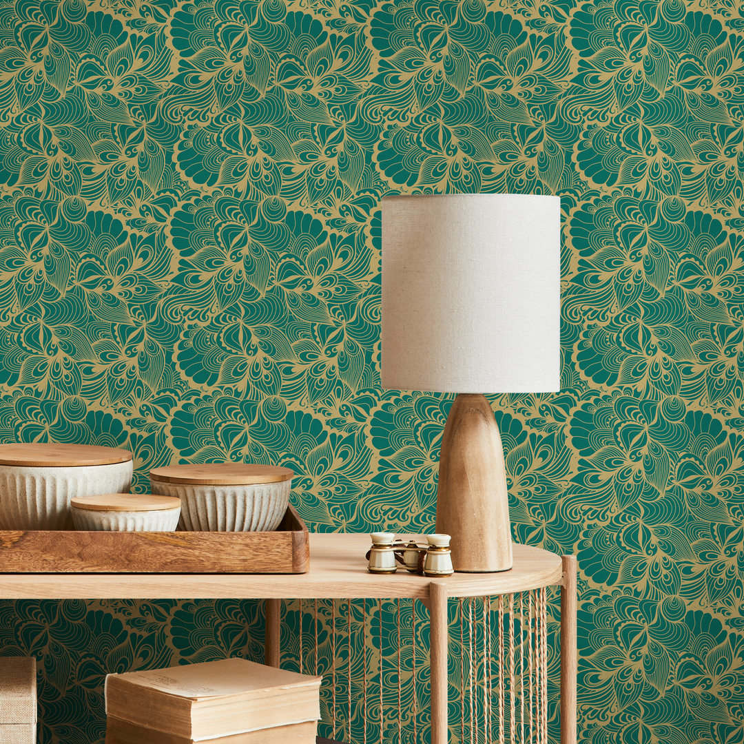 Abstract Wallpaper with Swirling Botanicals in Green and Gold - B561