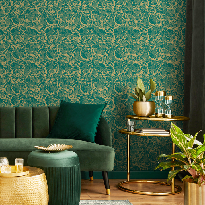 Abstract Wallpaper with Swirling Botanicals in Green and Gold - B561
