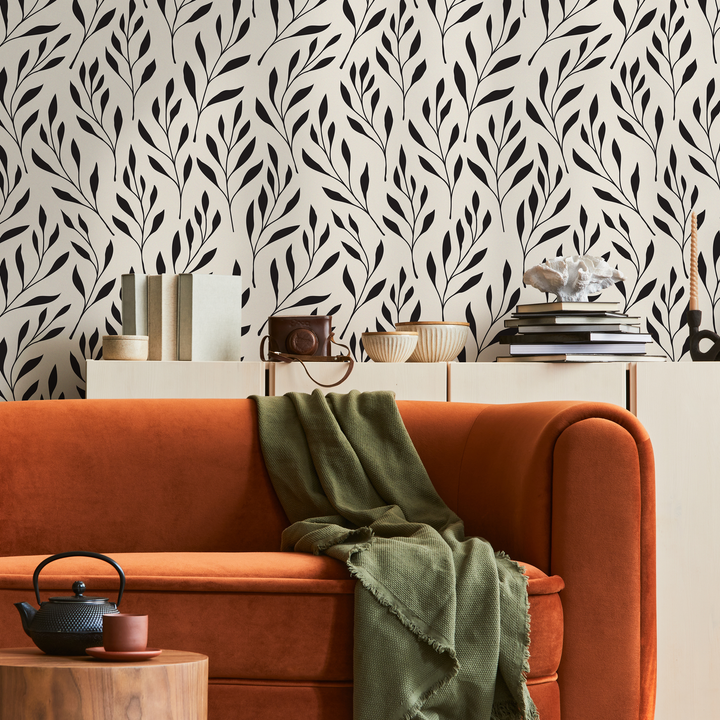 Botanical Wallpaper with Stylized Leafy Branches in Black and Beige - B598