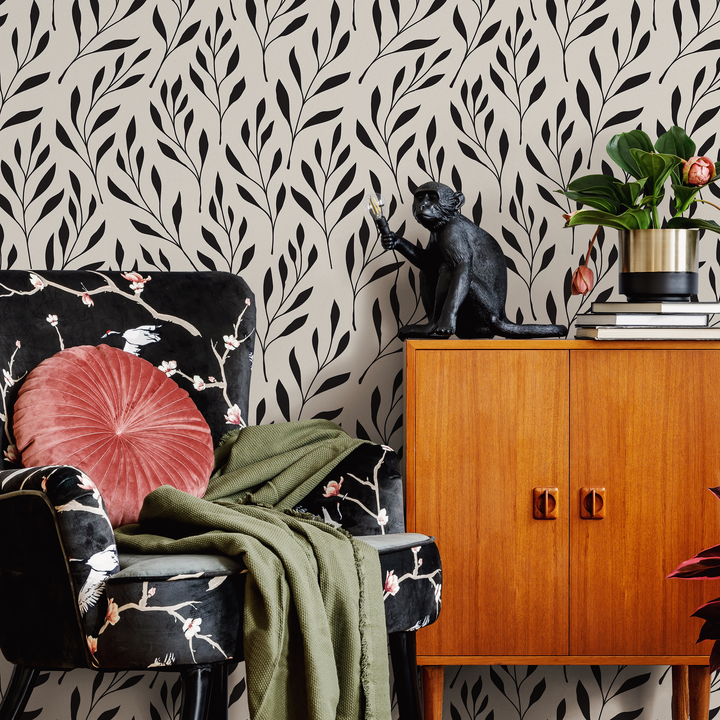 Botanical Wallpaper with Stylized Leafy Branches in Black and Beige - B598