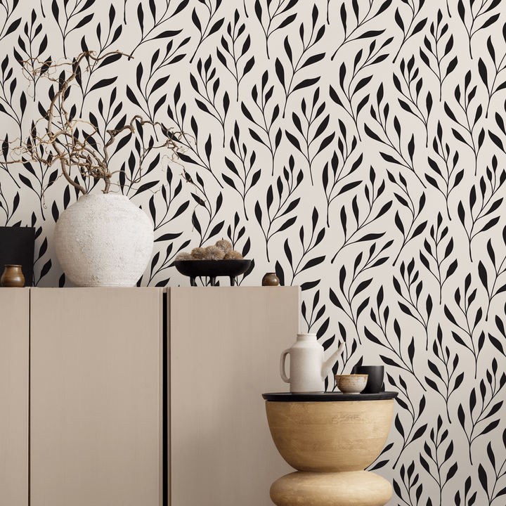 Botanical Wallpaper with Stylized Leafy Branches in Black and Beige - B598