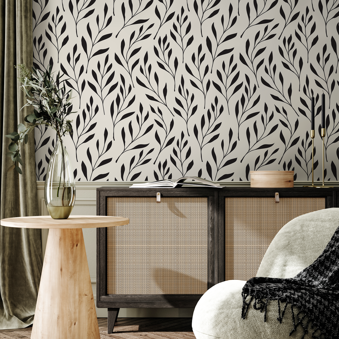 Botanical Wallpaper with Stylized Leafy Branches in Black and Beige - B598
