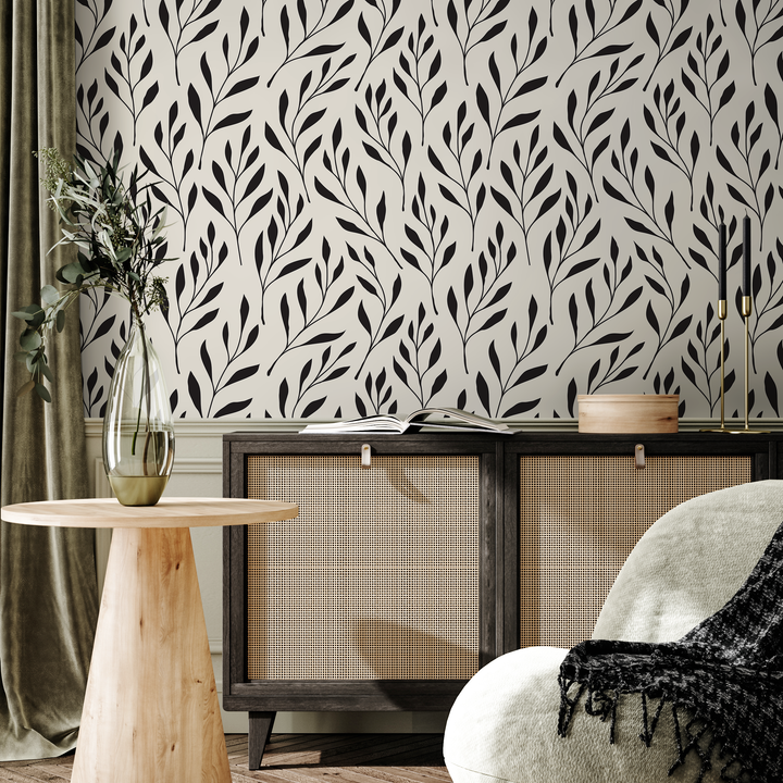 Botanical Wallpaper with Stylized Leafy Branches in Black and Beige - B598